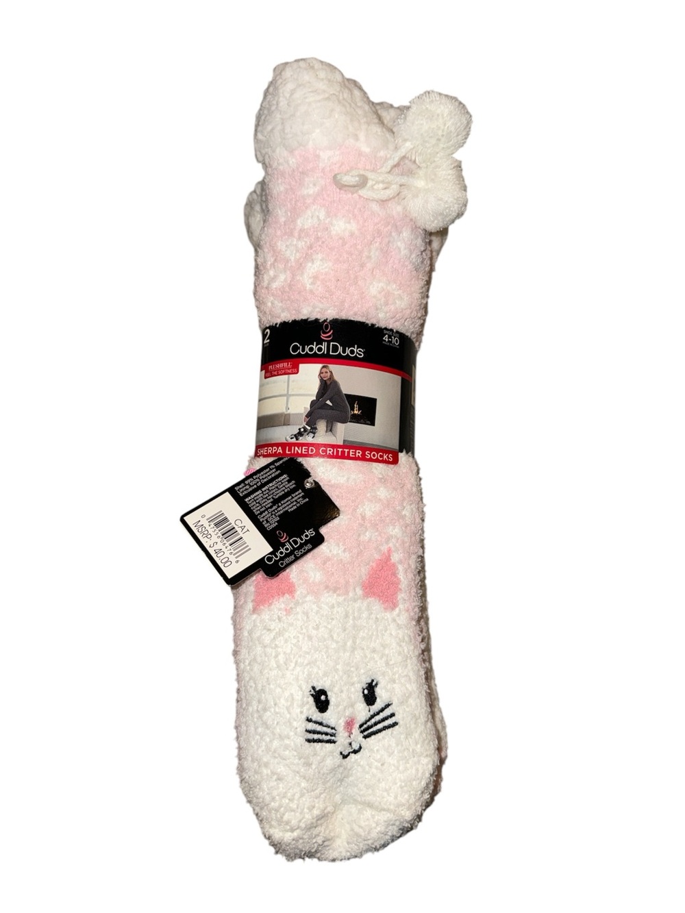 Cuddl Duds Cat Pink & White Sherpa Critter Socks with Pom Detail